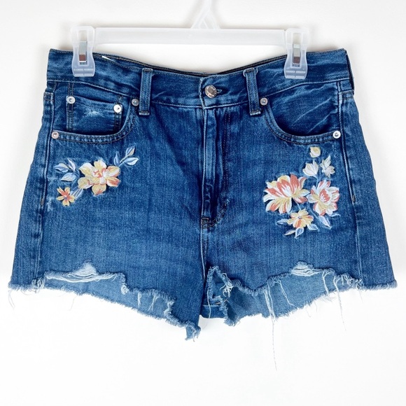 AE American Eagle Embroidered Mom Shorts 8 Floral Fray Hem Distressed High Rise - Picture 1 of 11